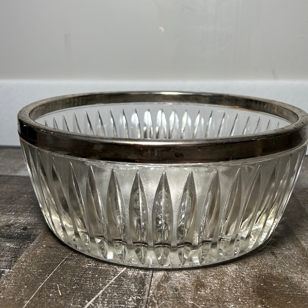 Vintage Leonard Large Lead Crystal Bowl with Silver Plated Rim Italy